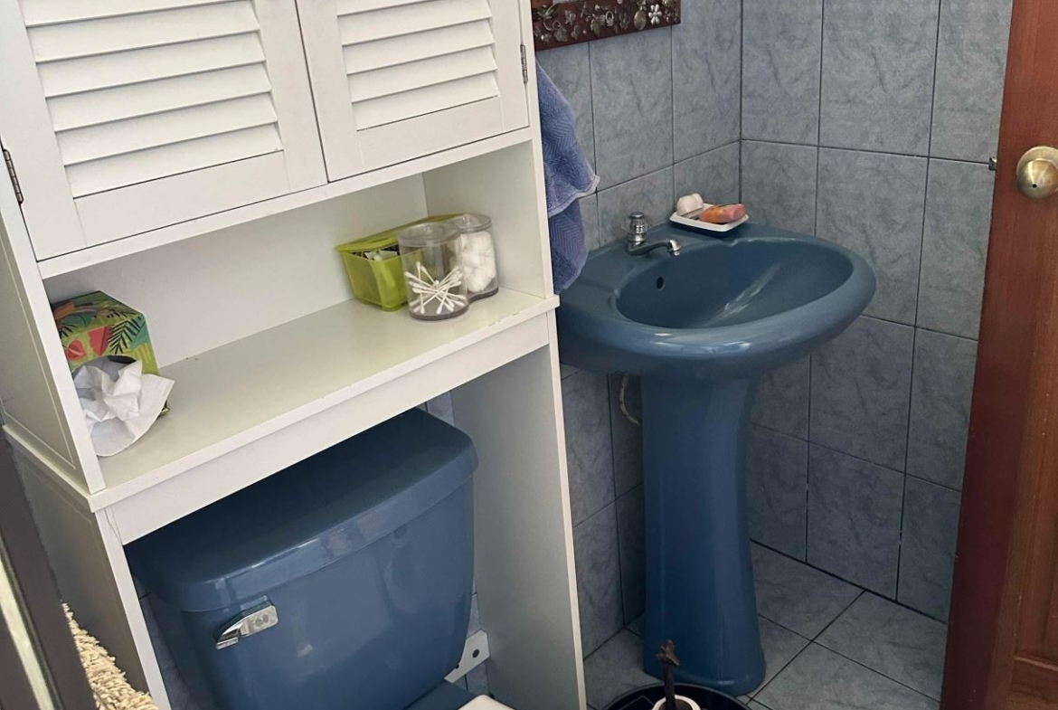 Blue toilet and matching pedestal sink in a small tiled bathroom, with a white storage cabinet and decorative mirror above.