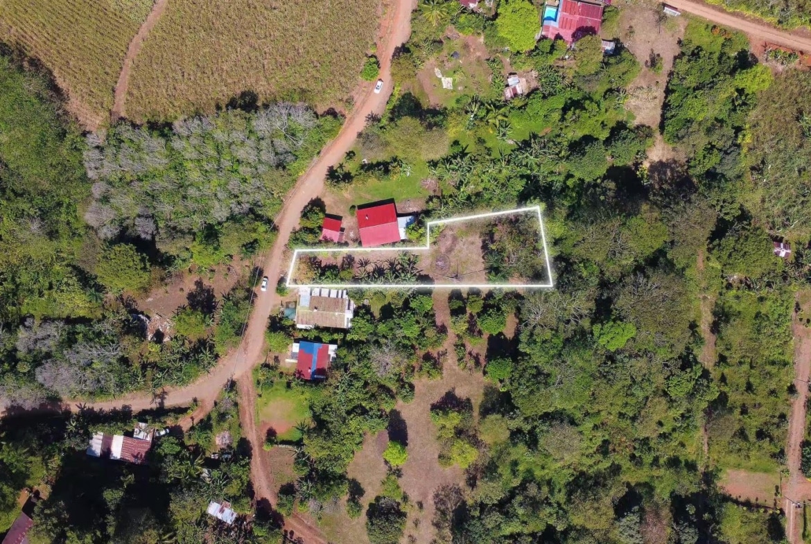 Aerial view of a rural property with a white boundary outline around the main lot, showing a red-roofed building and surrounding trees.
