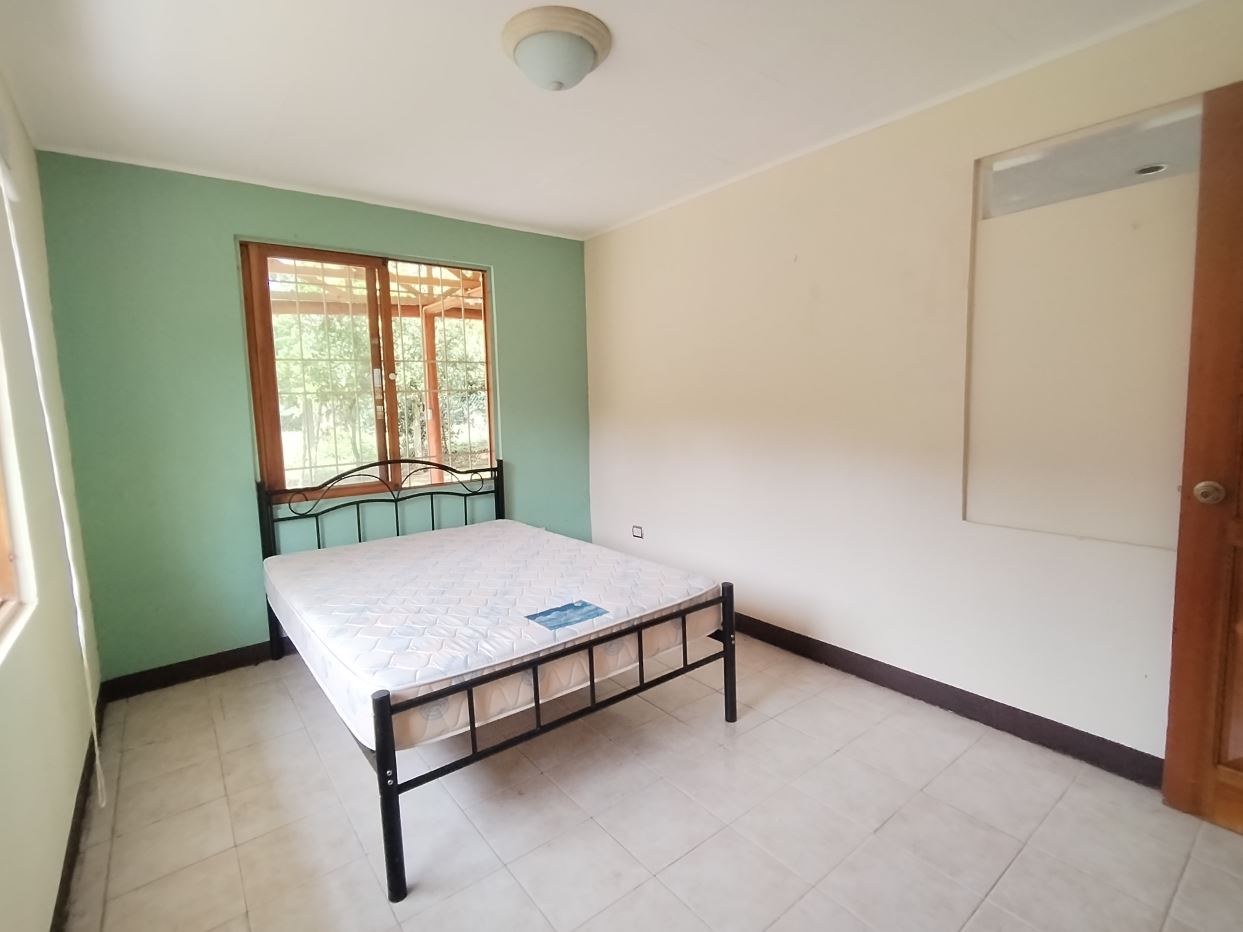 Bedroom with a metal-framed bed and white mattress against a green accent wall by a window with bars on a tiled floor, minimal furniture present.