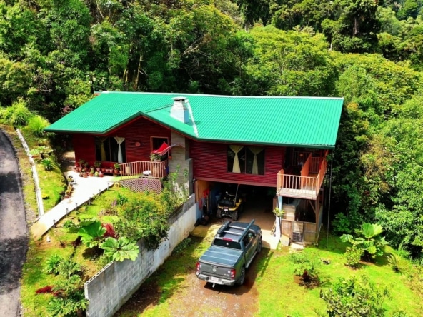 A red house with a bright green roof nestled in lush tropical trees, with a driveway and a parked pickup in front and a balcony on the side.