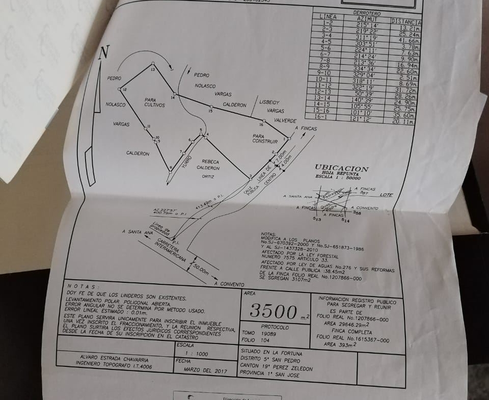 Cadastral map showing land plot with a 3500 m² area, labeled measurements and a CFIA logo in the upper right corner, curved boundary lines, and notes at the bottom.