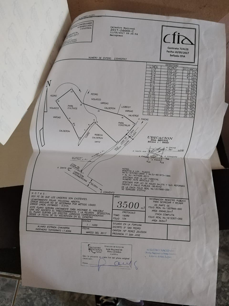 Cadastral map showing land plot with a 3500 m² area, labeled measurements and a CFIA logo in the upper right corner, curved boundary lines, and notes at the bottom.