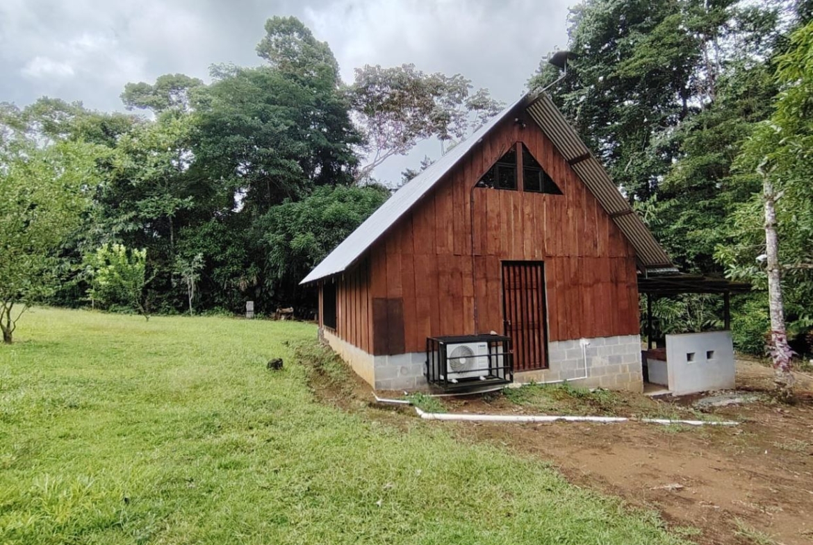 Small wooden cabin with a steep metal roof in a grassy clearing, surrounded by trees.