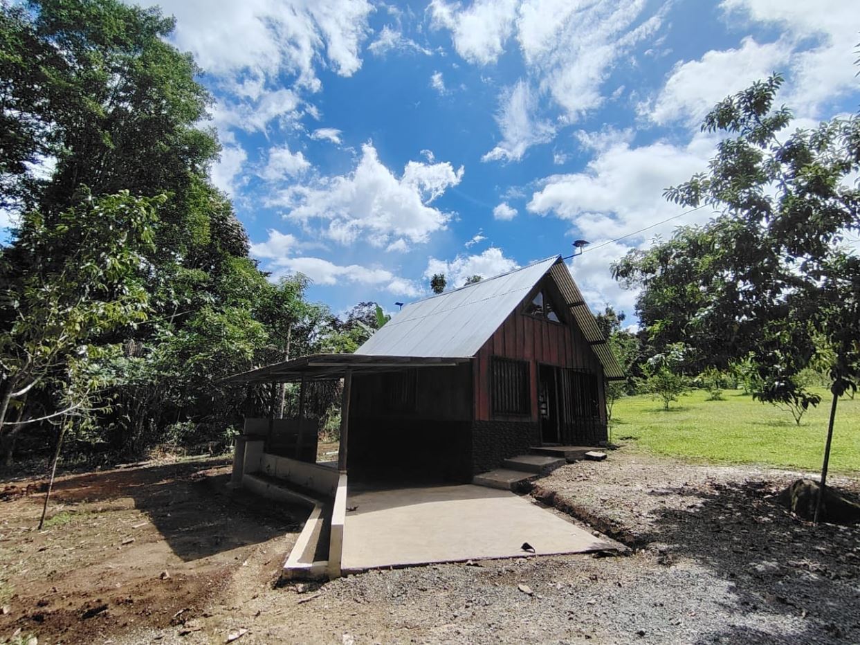 Small wooden cabin with a steep metal roof and open-sided porch in a grassy yard, surrounded by trees under a bright blue sky with scattered clouds.