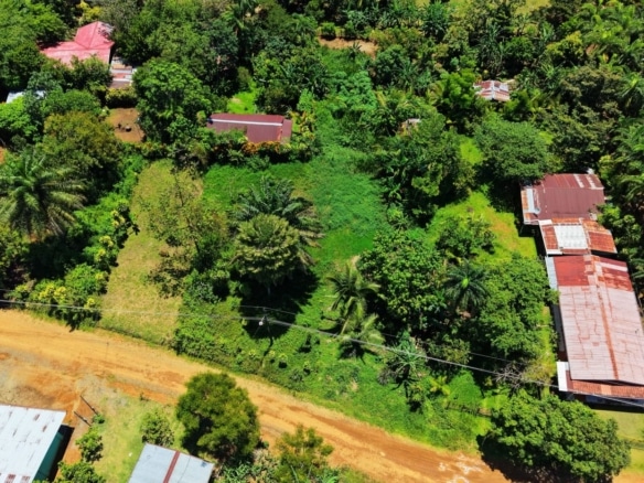Aerial view of a green tropical property with red-roof buildings, trees, and a dirt road weaving through the area.