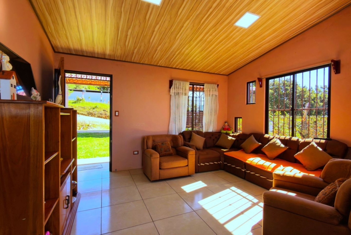 Sunlit living room with warm orange walls, a wooden ceiling, and a large L-shaped brown sofa with many cushions facing windows and a garden outside.