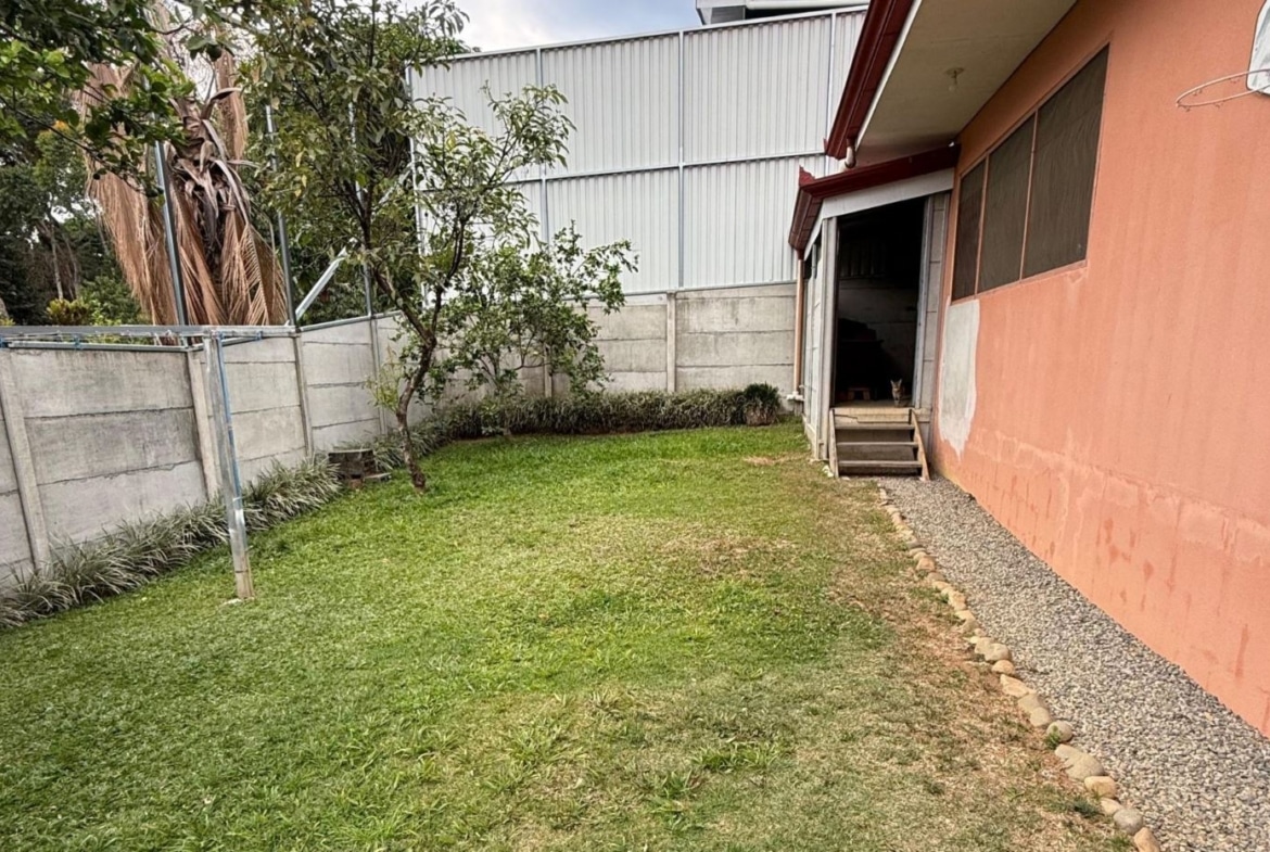 Backyard with green lawn, concrete block fence, and an orange house; a cat sits on the steps inside an open doorway.
