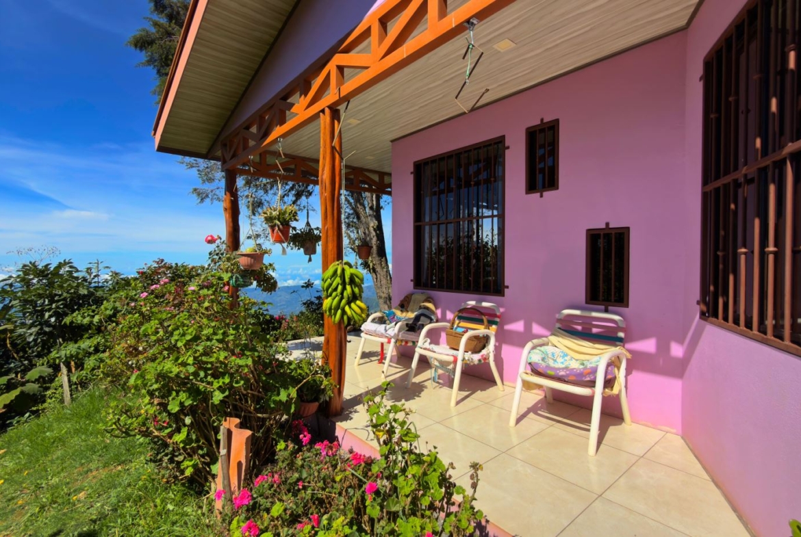 Pink-walled porch with brown barred windows, plastic chairs, and hanging plants against a hillside and blue sky garden view.