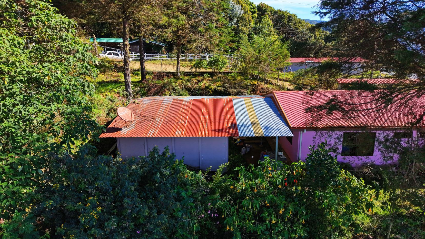 Aerial view of a small building with a multi-colored corrugated metal roof (red, blue, yellow) and a satellite dish, set among green trees.