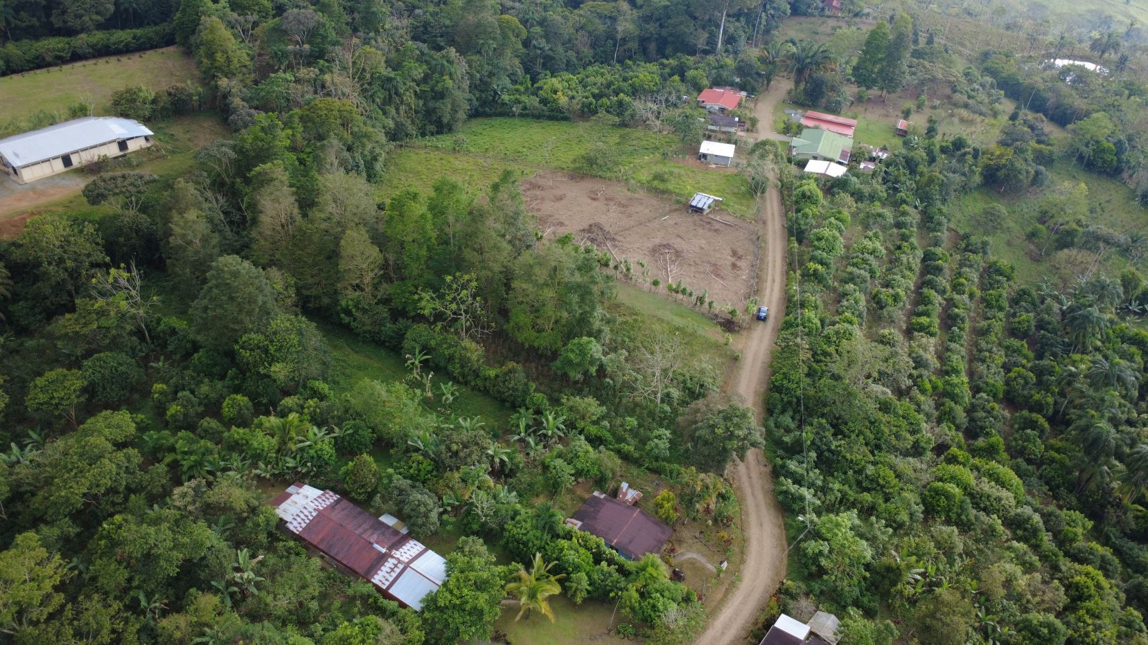 Aerial view of a rural village: dirt road winds through dense tropical forest with scattered houses and cleared fields.