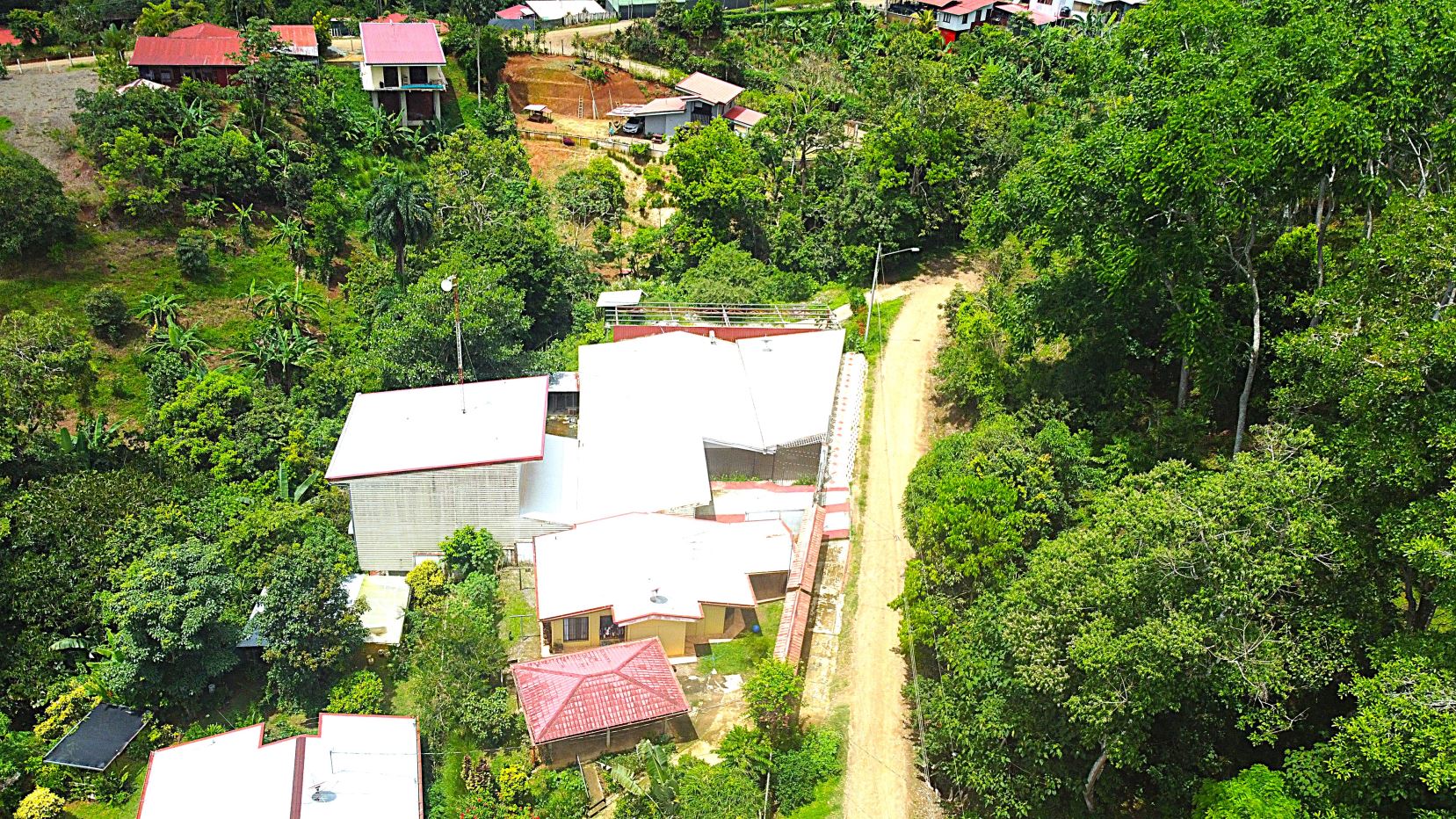 Aerial view of a small village with white-roofed houses along a dirt road, surrounded by lush green trees and vegetation.