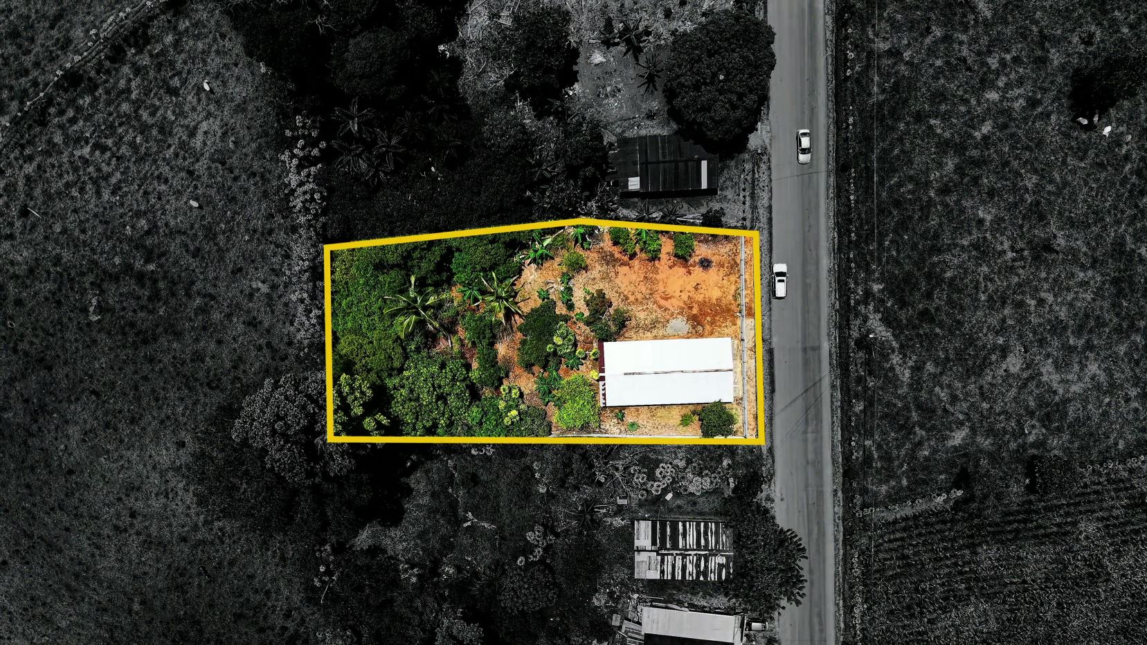 Aerial view of a rectangular lot bordered in yellow, with dense greenery on the left and a white-roofed building on a sandy cleared area beside a road.