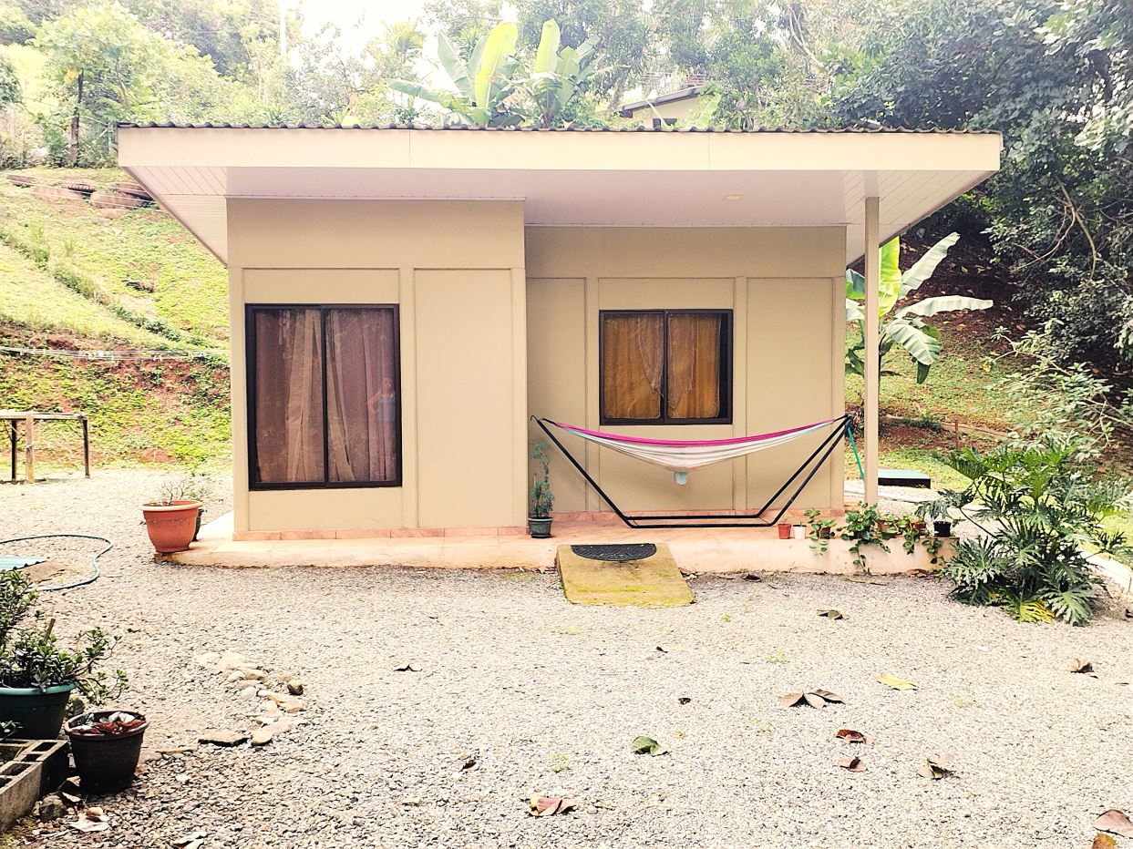 Small beige cabin with a pink-and-white hammock strung between two metal stands in front, surrounded by potted plants on a gravel yard.