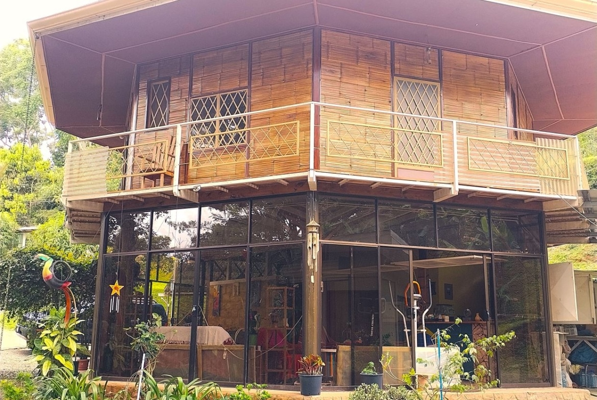 Two-story bamboo-clad house with a glass storefront on the ground floor, and a wooden balcony with lattice rails above, surrounded by potted plants.