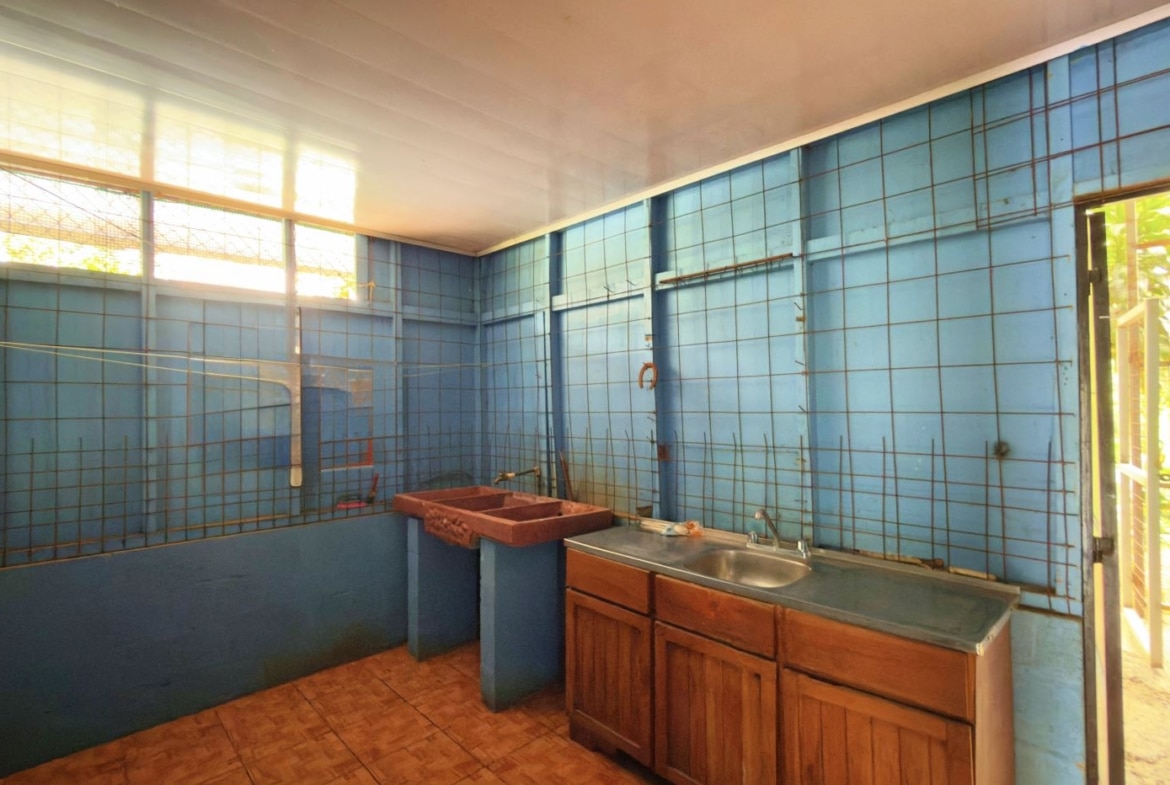 Blue tiled utility kitchen with a double sink, wooden cabinets, and sunlight streaming through an open door exterior view