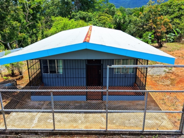 Front view of a small blue house with a white roof, fenced yard, and lush tropical trees in the background.