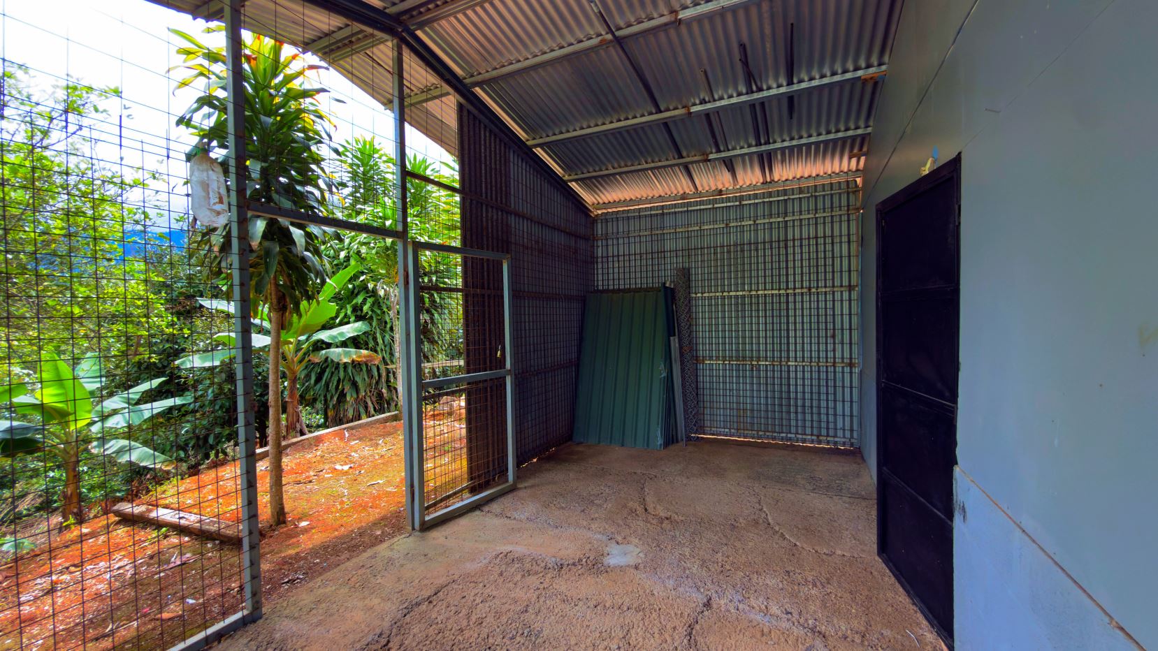 Empty metal storage shed with corrugated roof and wire-mesh walls; stacked green metal panels lean against the back wall, garden visible outside.