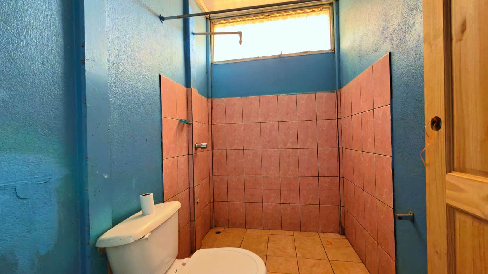 Blue bathroom with pink tiled walls and floor, toilet with a roll of toilet paper on the tank, and a small high window.