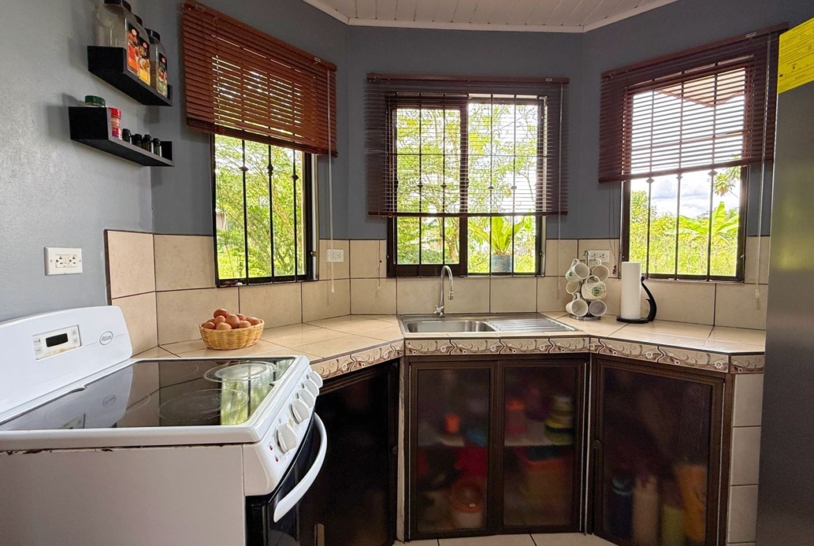 Cozy kitchen with blue walls, white stove on the left, basket of eggs on a tiled counter, and a double sink under three windows. Cabinets with glass doors below.