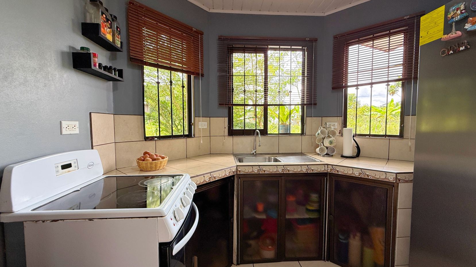 Cozy kitchen with blue walls, white stove on the left, basket of eggs on a tiled counter, and a double sink under three windows. Cabinets with glass doors below.