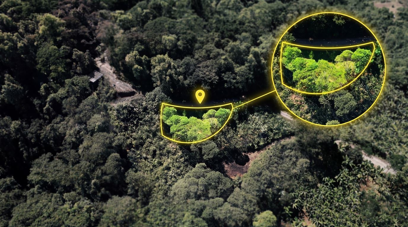 Aerial forest view with two yellow-outlined circular zoomed-in insets connected by a curved line and a location pin marking the areas of interest.