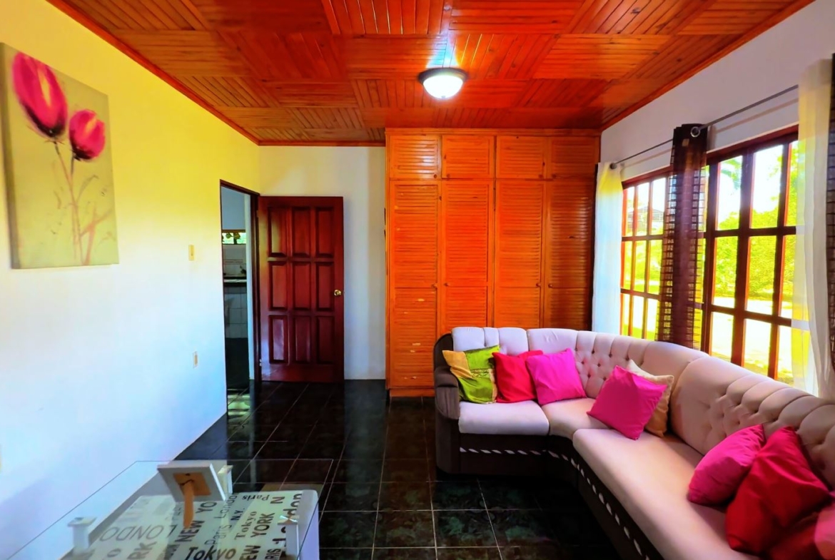 Cozy living room with a beige L-shaped sofa and bright pink and lime cushions, large windows, and a wood-paneled ceiling.