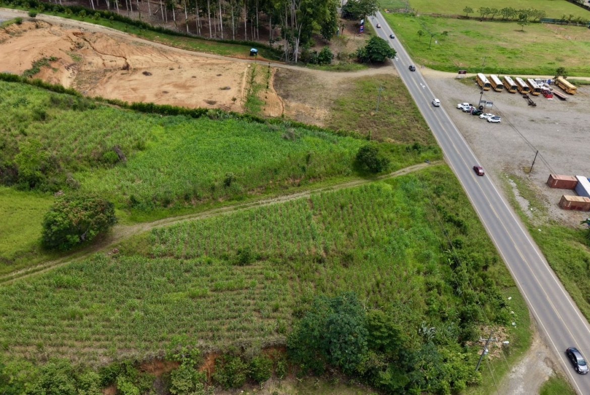 Aerial view of green farmland with planted rows, a diagonally crossing paved road, and a yard of parked school buses, trailers, and trucks on the right.
