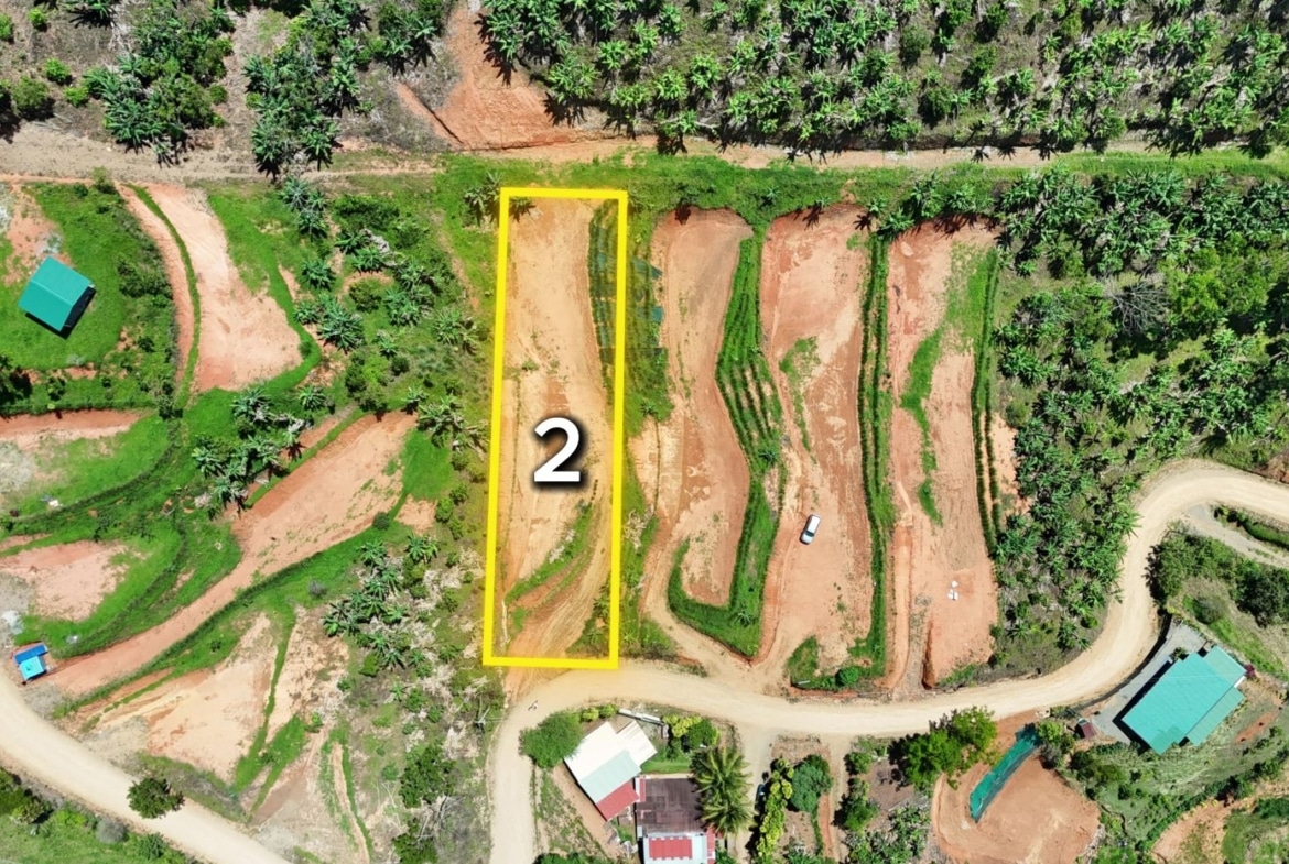 Aerial view of terraced farmland with a yellow-outlined rectangle labeled 2 amid green fields and dirt paths.