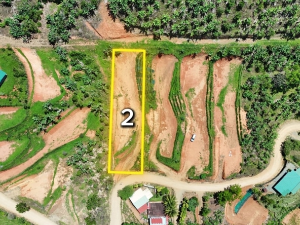Aerial view of terraced farmland with a yellow-outlined rectangle labeled 2 amid green fields and dirt paths.