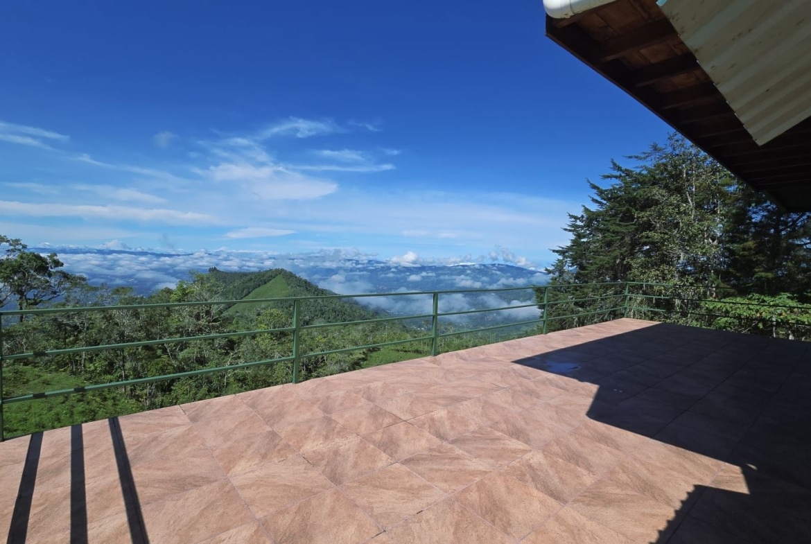 Terrace with brown tiles and green railing, overlooking green mountains and a blue sky with clouds.
