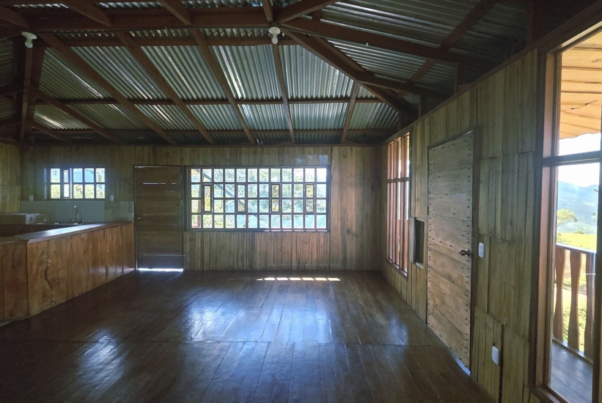 Ru stic wooden interior with a curved kitchen counter on the left, wood-paneled walls, and a large window revealing a green landscape outside.