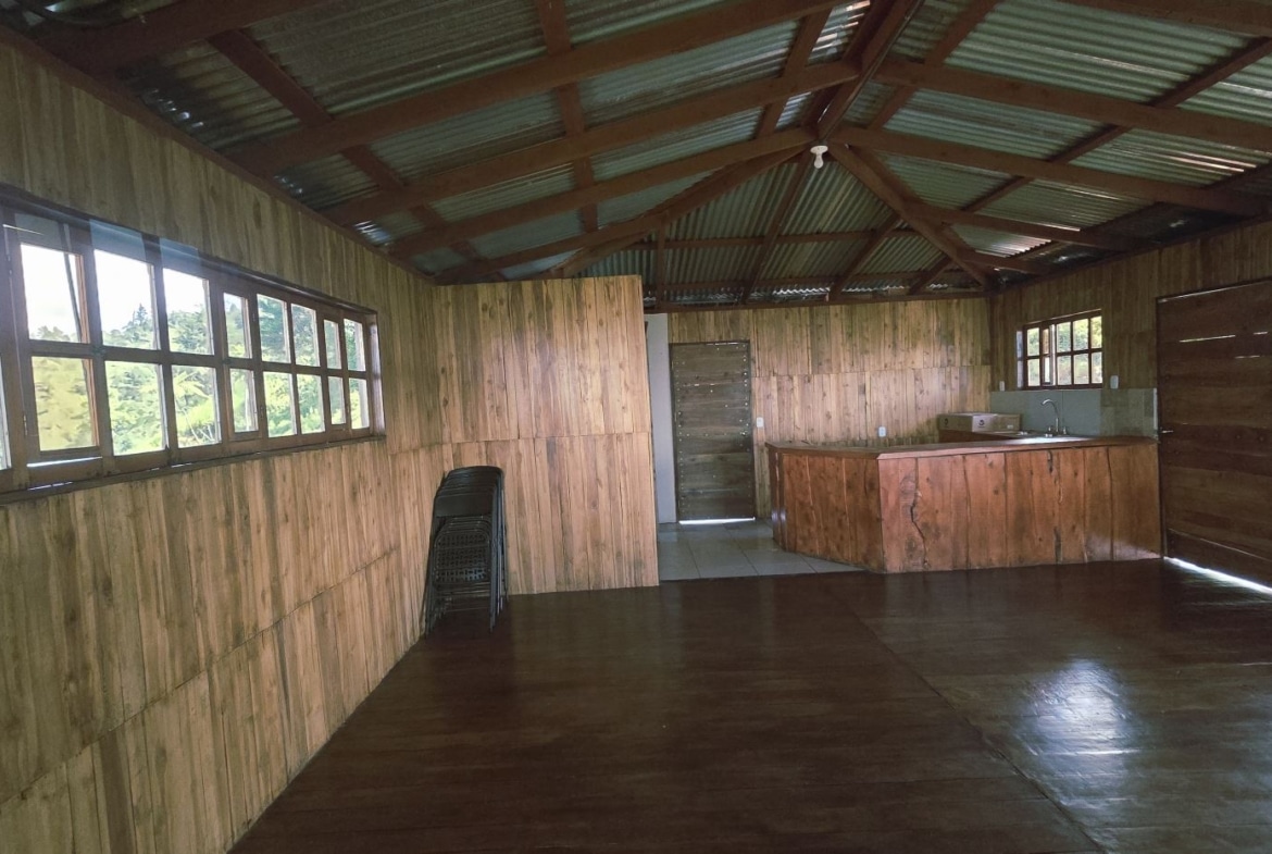 Rustic cabin interior with wooden walls, dark floor, and a central wood-toned kitchen island; large windows reveal greenery outside.