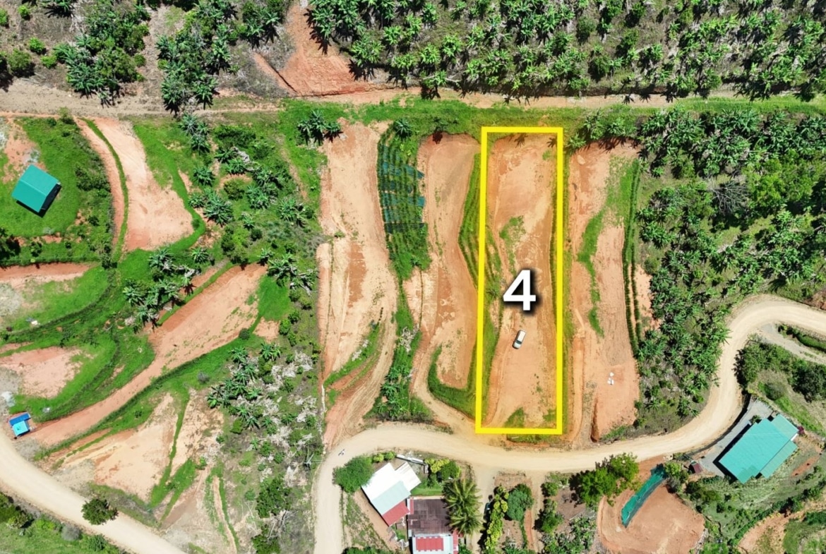 Aerial view of a rural site with plot 4 outlined in yellow along a dirt road and surrounding trees.