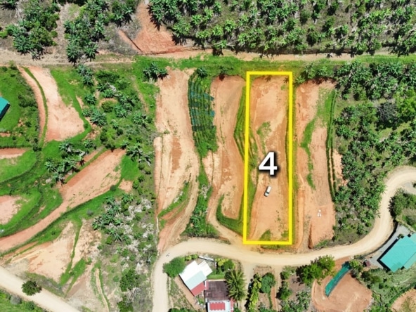 Aerial view of a rural site with plot 4 outlined in yellow along a dirt road and surrounding trees.