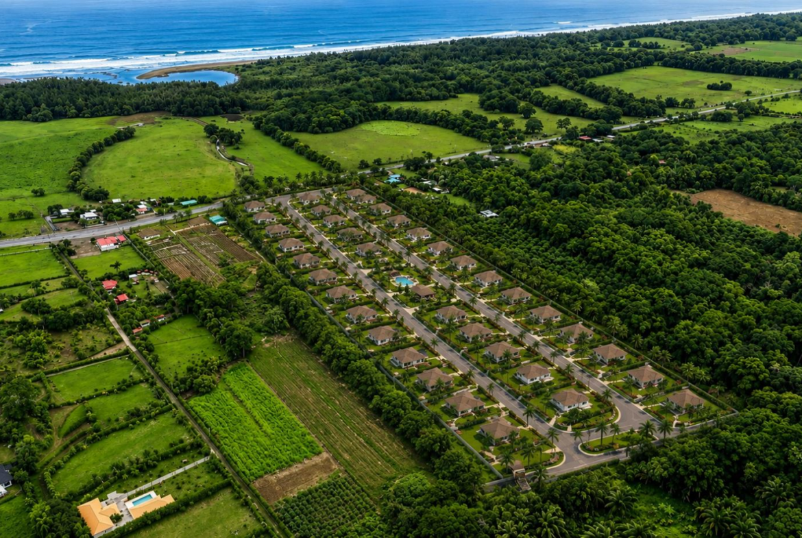 Aerial view of a coastal resort town with rows of houses, palm trees, and green fields by the ocean.