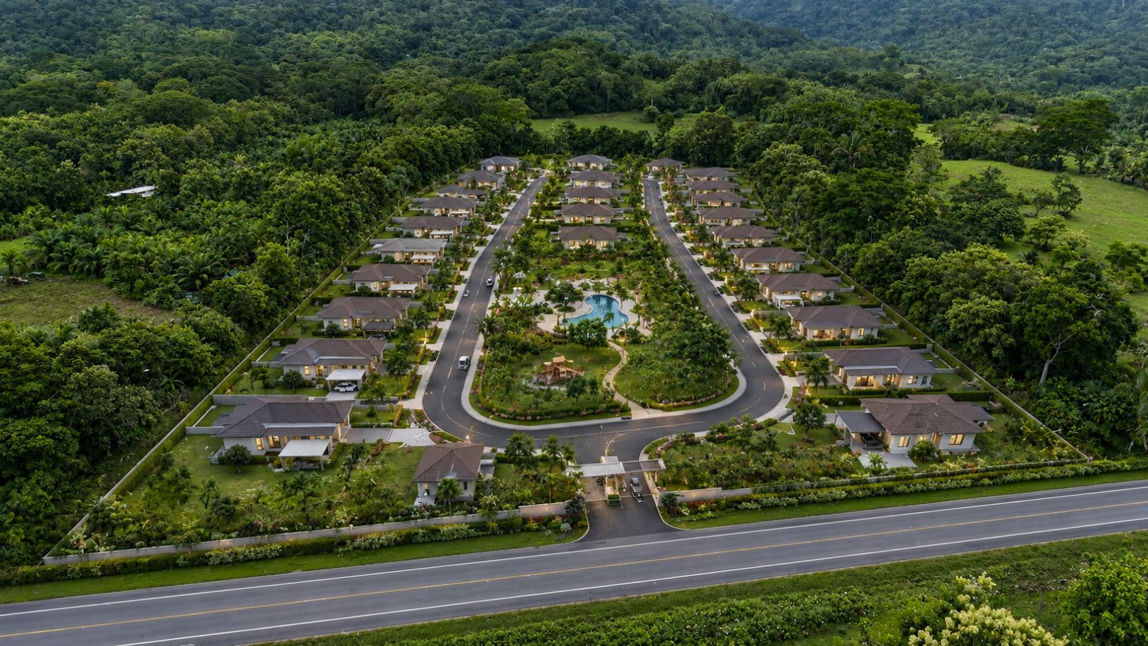 Aerial view of a gated residential community with symmetrical rows of single-story homes, a central landscaped park, and a kidney-shaped pool.