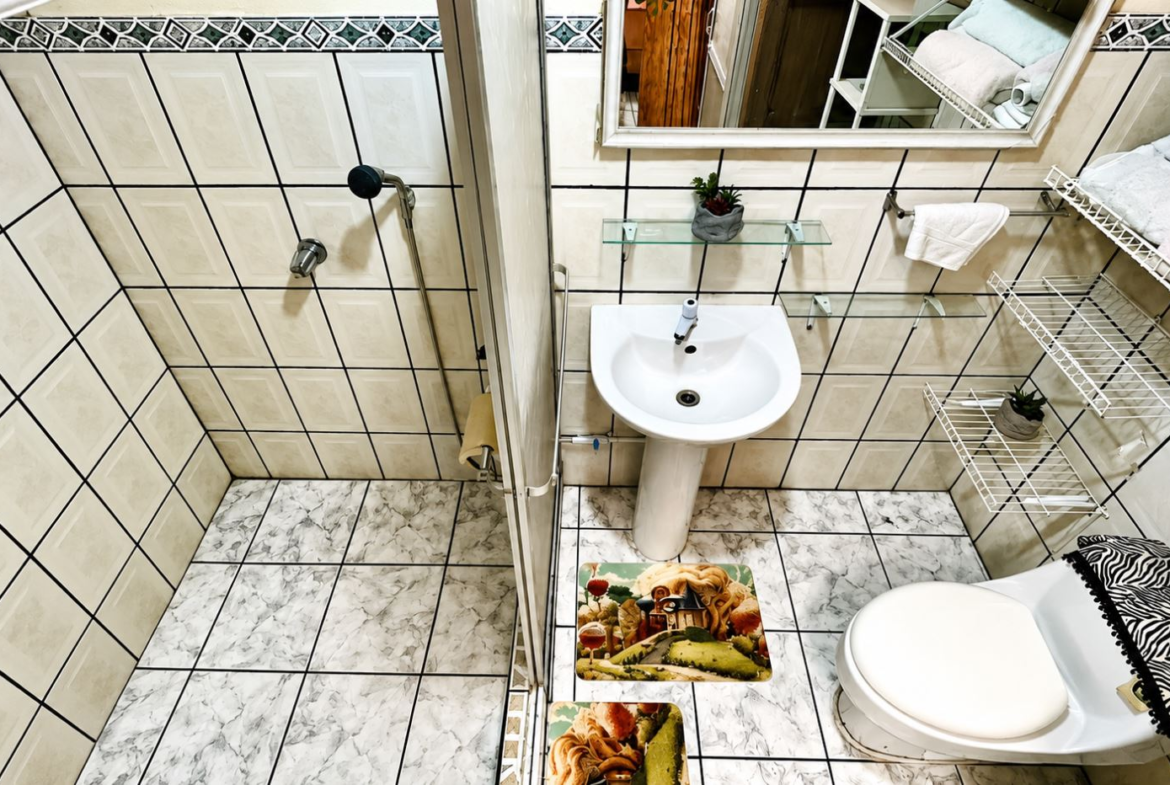 Top-down view of a compact bathroom with a pedestal sink, mirror, toilet, and white wire shelves.