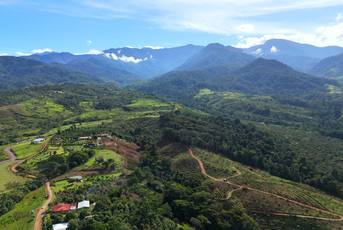 Aerial view of a lush valley with terraced fields, scattered houses, and winding dirt roads set among green hills and distant mountains under a blue sky.