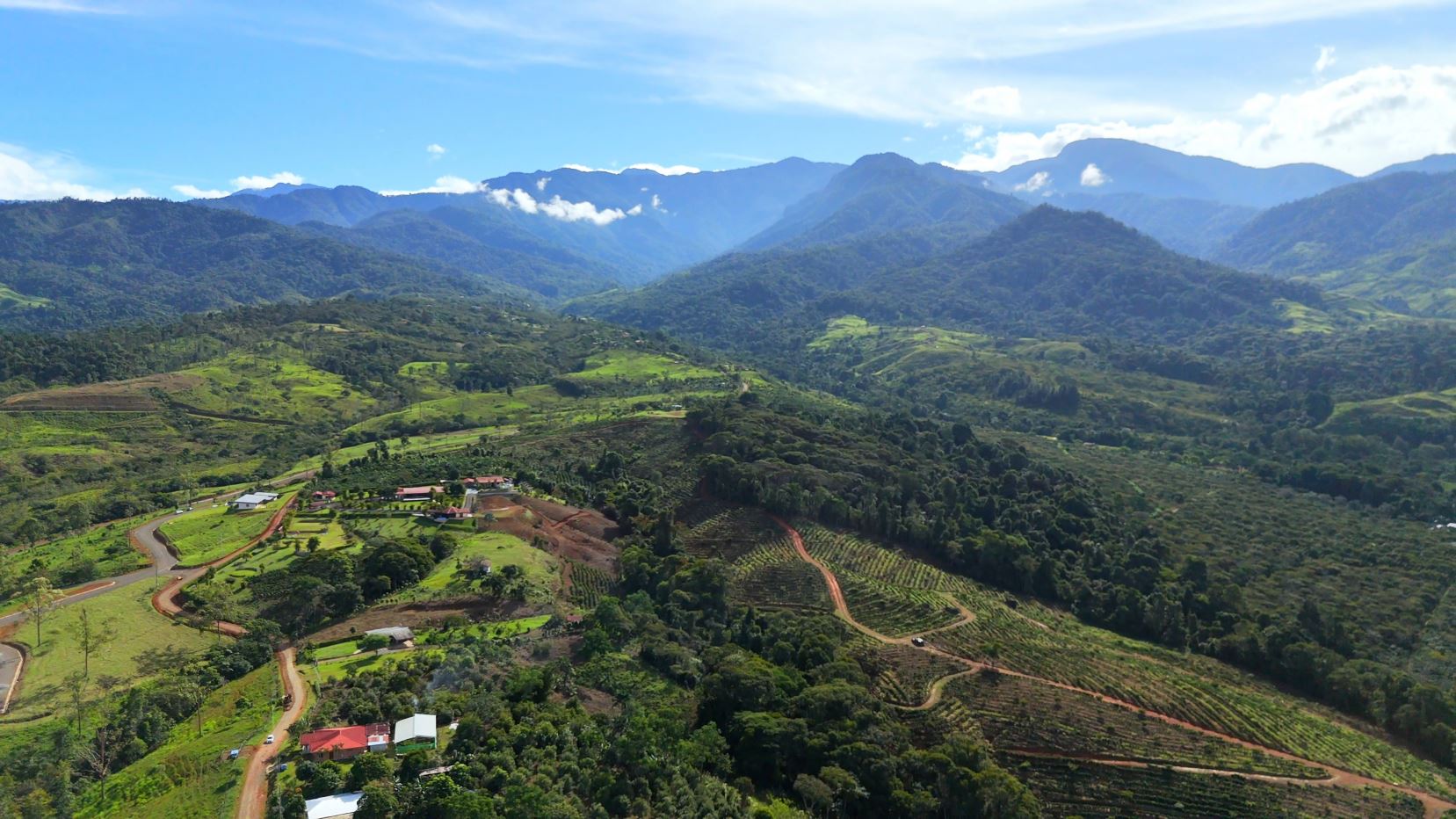 Aerial view of a lush valley with terraced fields, scattered houses, and winding dirt roads set among green hills and distant mountains under a blue sky.