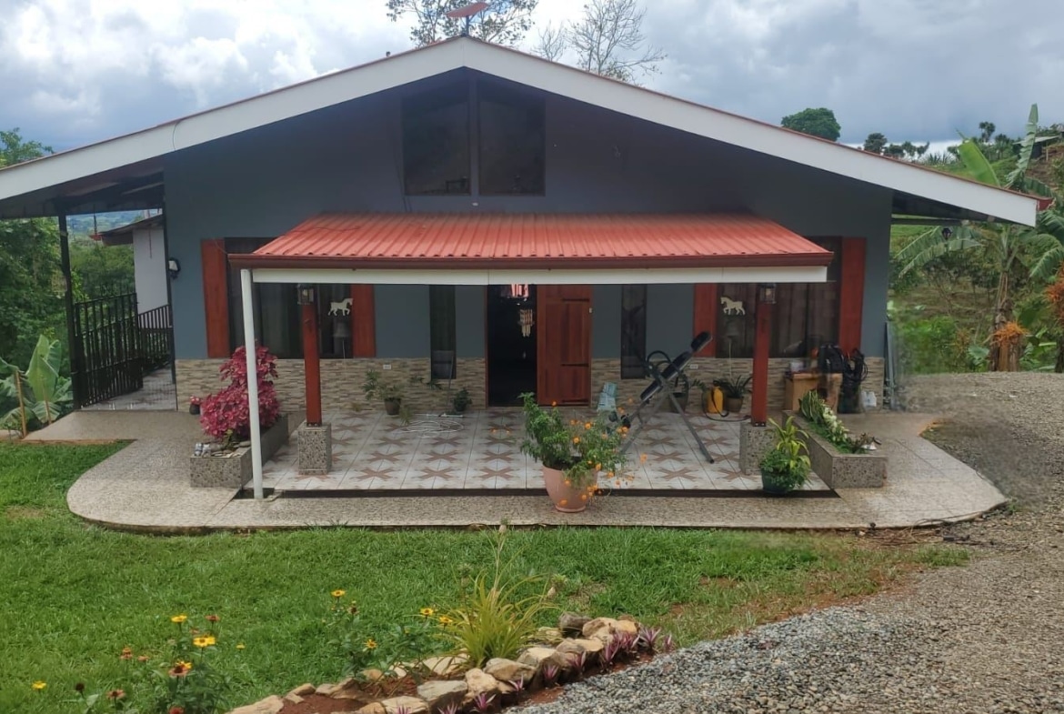 Single-story blue-gray house with a red metal roof over a covered porch, surrounded by a gravel driveway and lush garden plants.