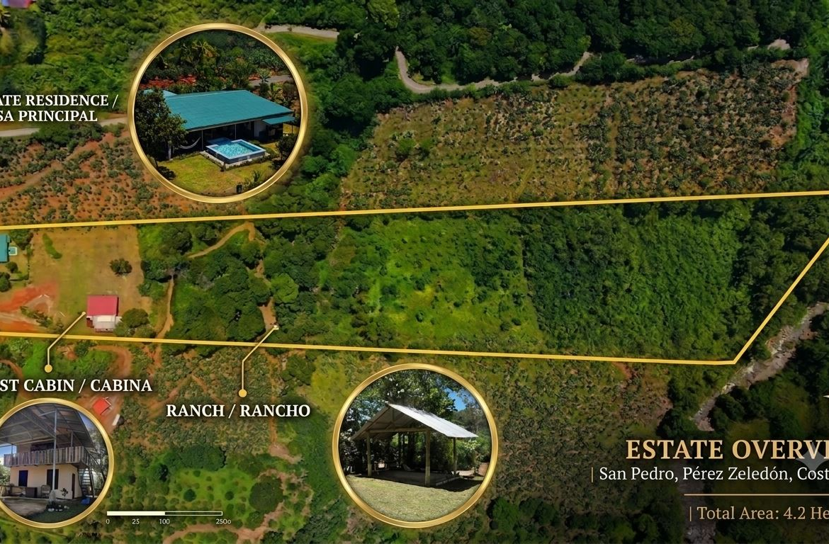 Aerial map of an estate in San Pedro, Costa Rica, outlining the 4.2-hectare property with labeled zones: residence, guest cabin, and ranch insets.
