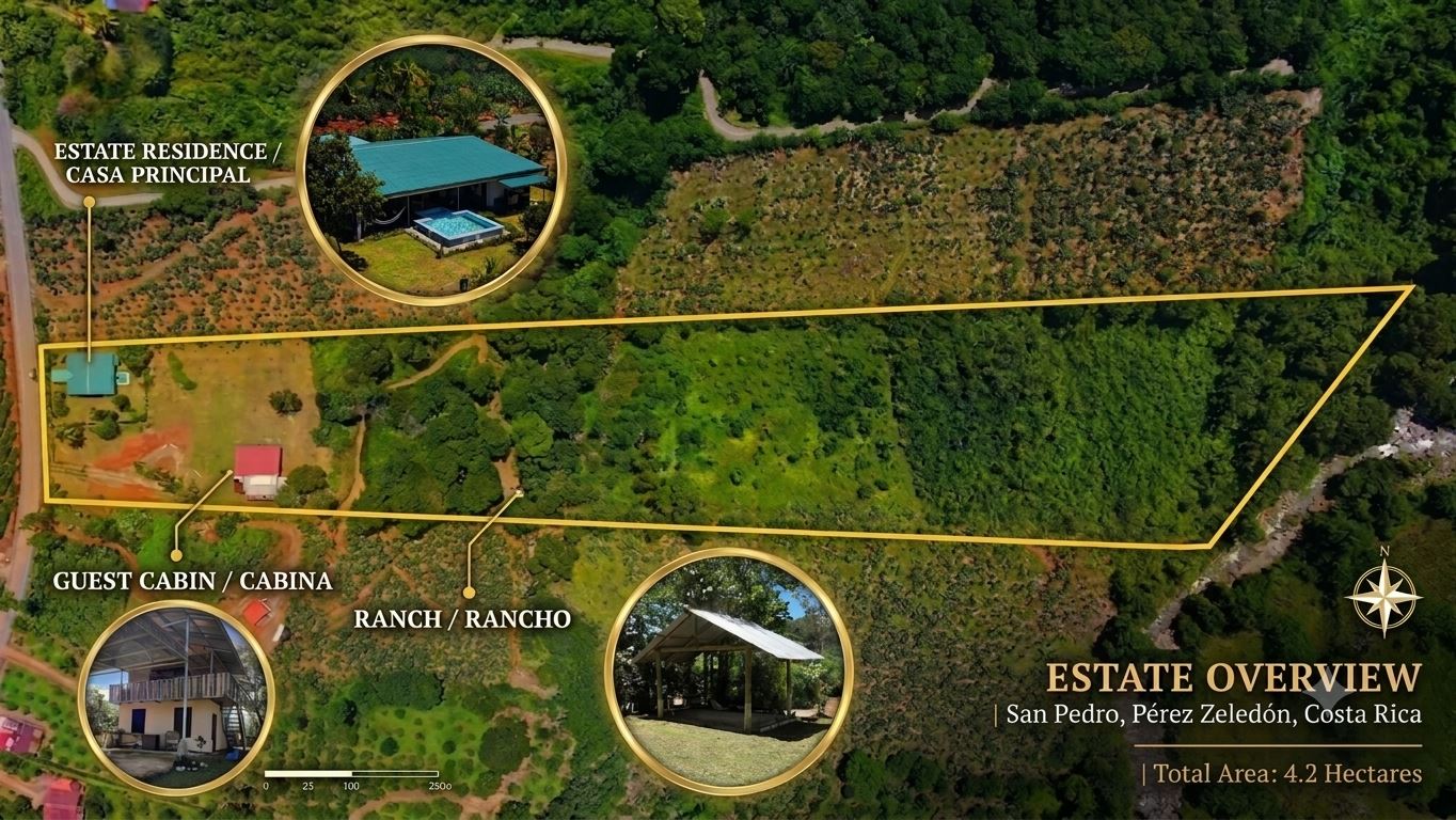 Aerial map of an estate in San Pedro, Costa Rica, outlining the 4.2-hectare property with labeled zones: residence, guest cabin, and ranch insets.