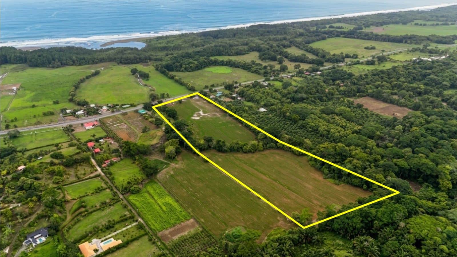 Aerial view of a large rectangular farmland parcel outlined in yellow near the coast, surrounded by trees and fields at the seaside.