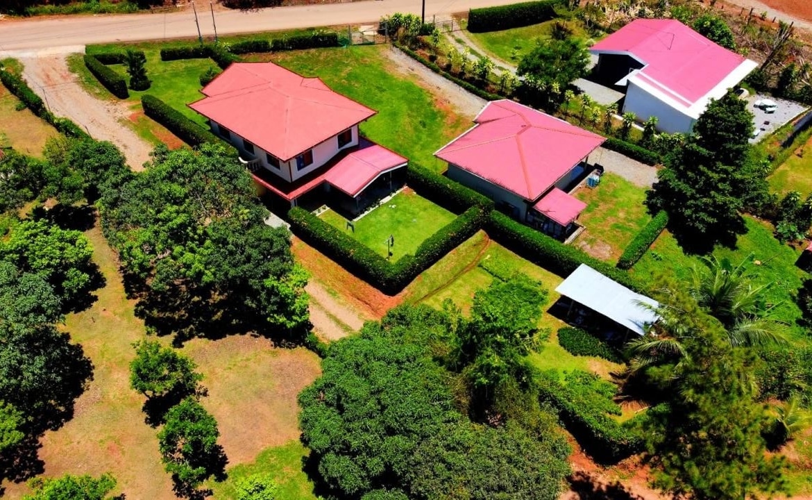 Aerial view of a residential neighborhood with two red-roofed houses surrounded by trimmed hedges and green lawns.