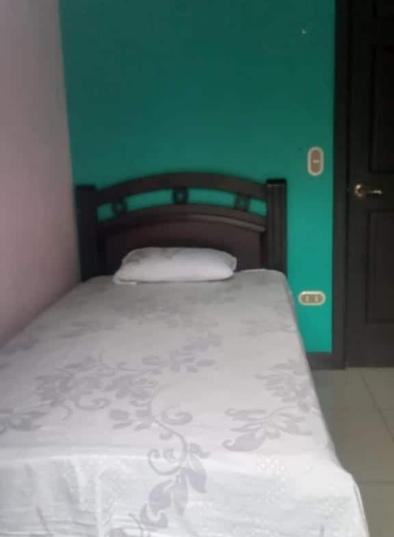 Single bed with white patterned cover and small pillow against a teal wall; dark wood headboard and nearby door.