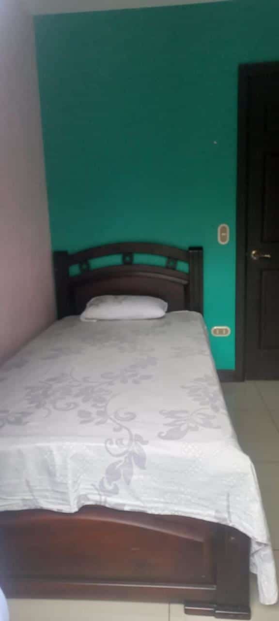 Single bed with white patterned cover and small pillow against a teal wall; dark wood headboard and nearby door.