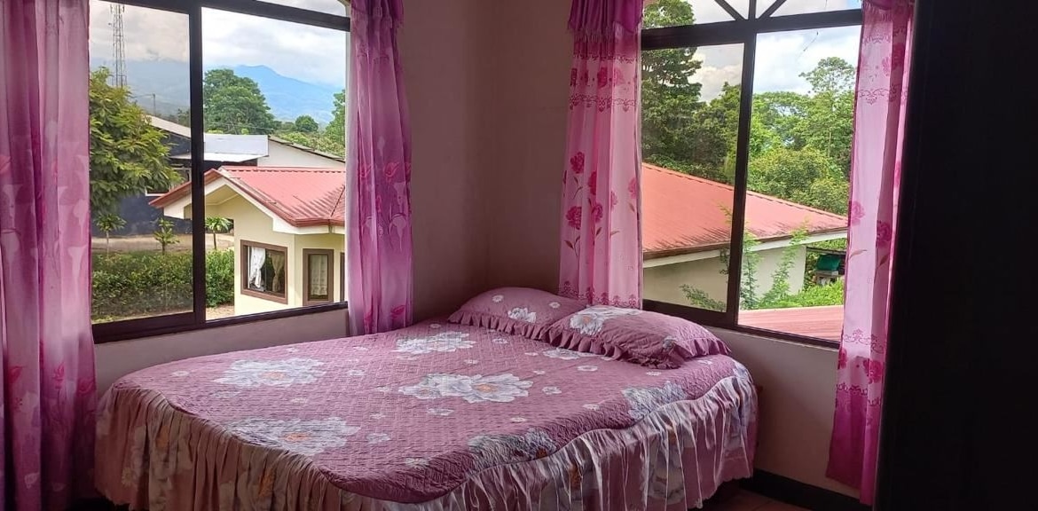 Bedroom with a pink floral bedspread and matching pillows, flanked by large windows and pink sheer curtains showing houses and trees outside.