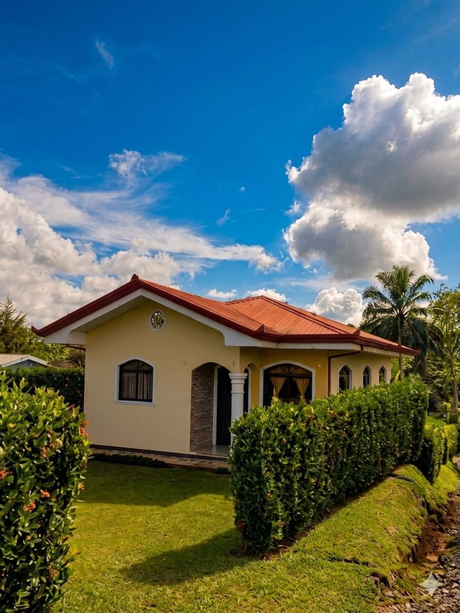 Single-story yellow house with a red roof, arched windows, and a manicured hedge in a tropical yard under a blue sky.
