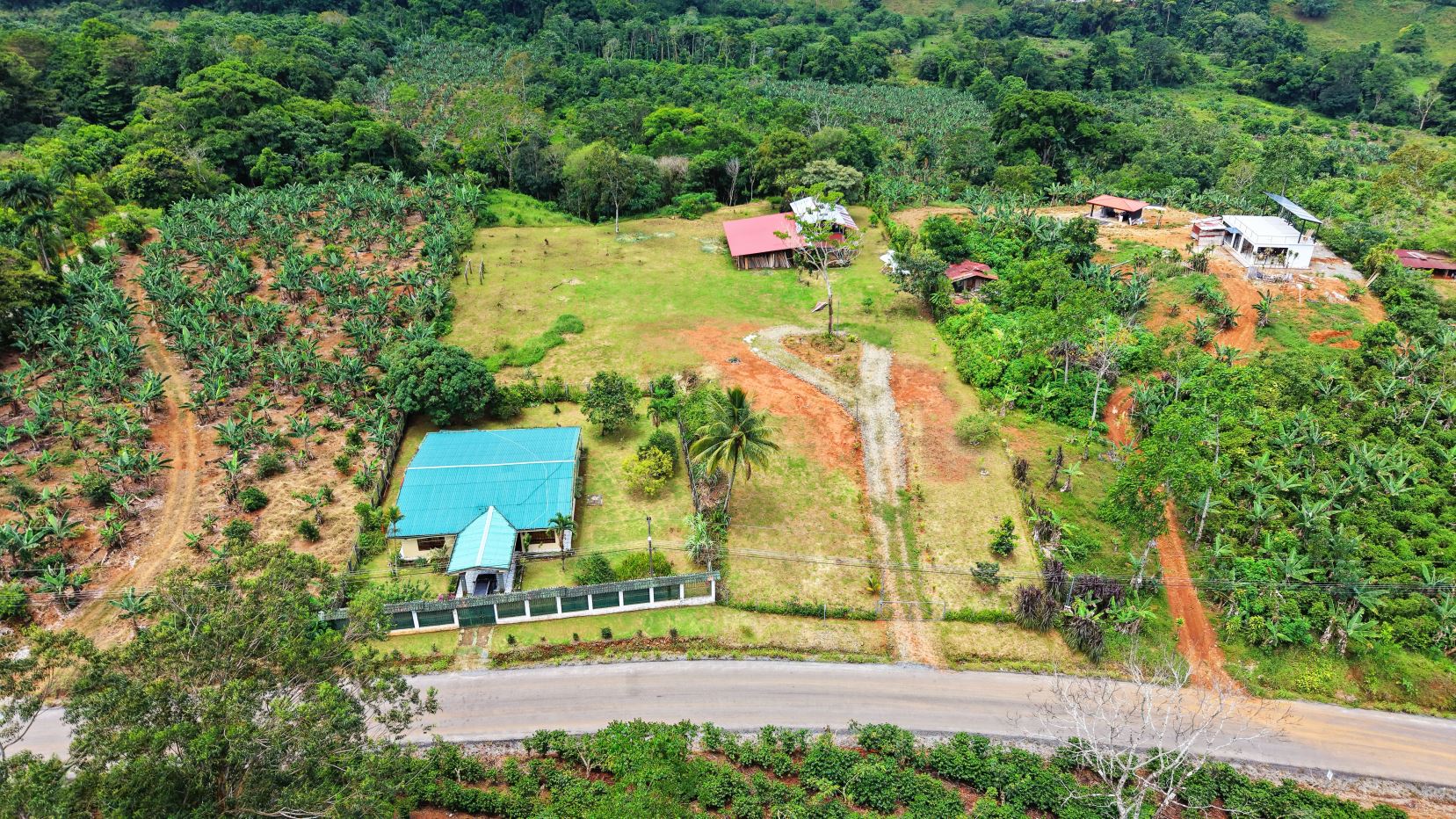 A rural property with a blue-roofed house surrounded by a tropical garden, banana trees, and dirt roads in a green landscape.