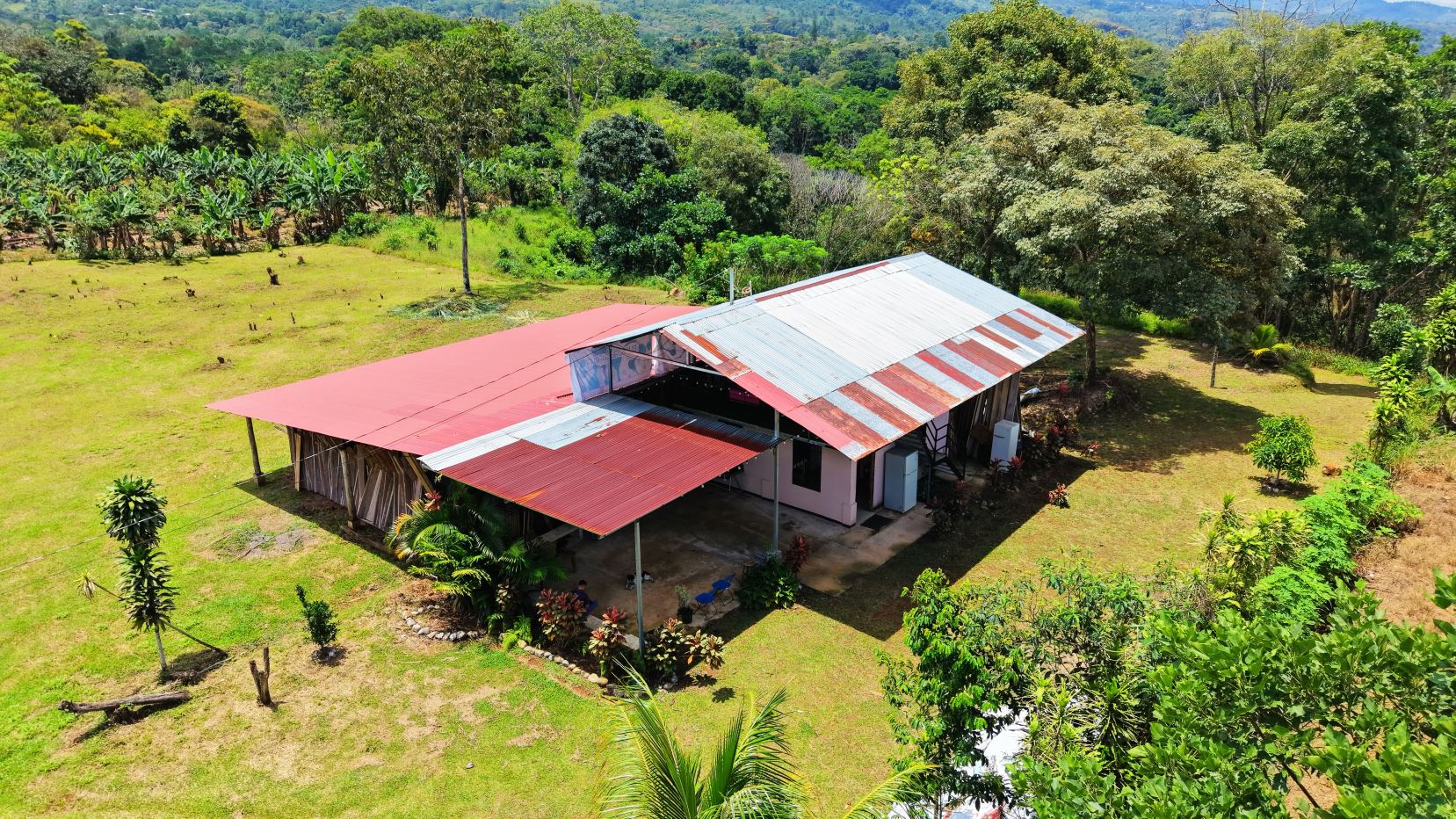 A single-story house with a red and corrugated metal roof in a grassy, tree-filled yard from above.